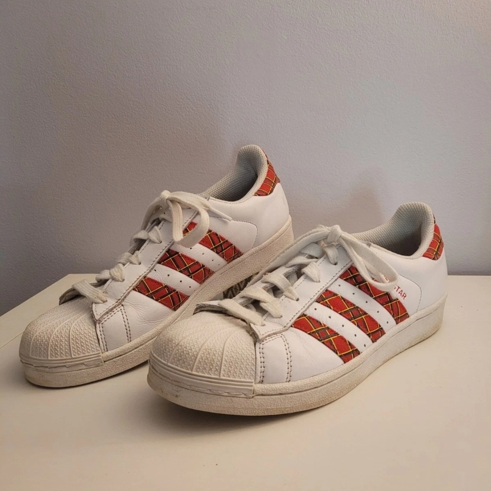 Adidas Superstar Red Green Yellow Black Unique Plaid FU7446 Size 7.5 US